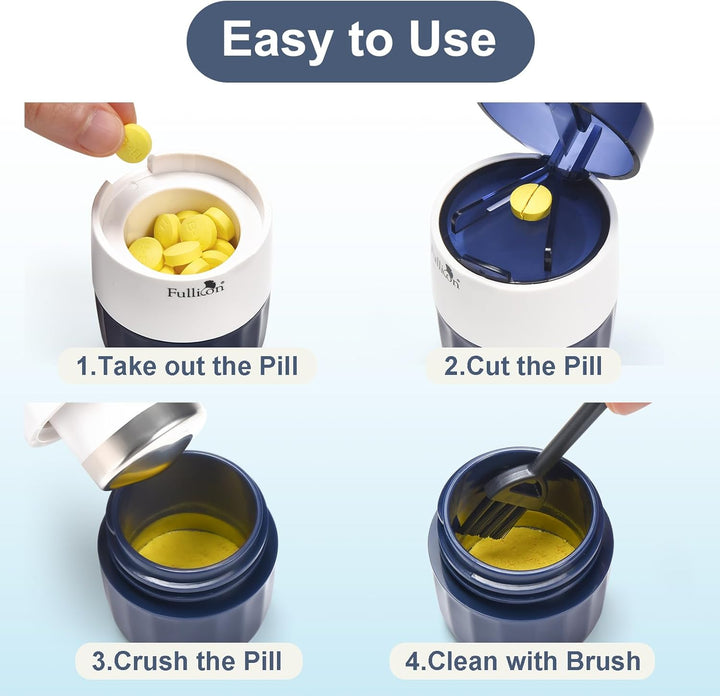 3 in 1 Pill Crusher for Tablets with Stainless Steel Grinding Head, Tablet Crusher for Pills & Pet, Pill Grinder with Storage, Pill Cutter Splitter with Free Brush (Indigo)
