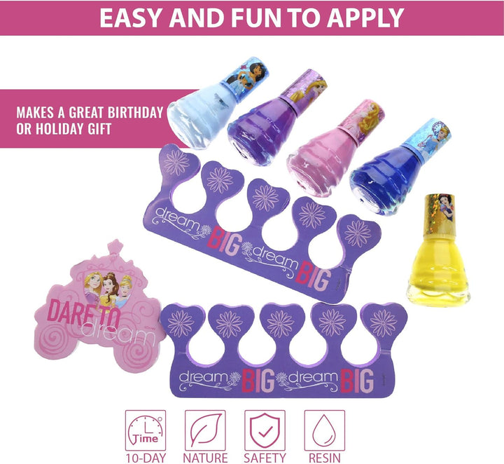 Disney Princess 15 Piece Water Based Nail Polish with 3 Toe Spacers| Quick Dry Peel off Gift Kit Set for Kids Girls Ages 3+ by