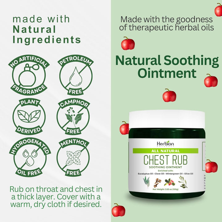 Chest Rub, Natural Soothing Ointment, Relieves Chest Congestion, Reduces Muscle Aches, Adults and Children 2 Years and Above, 3.53 Oz