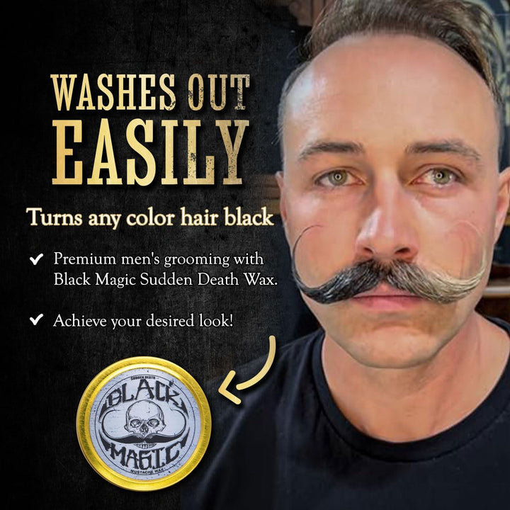 Black Magic Sudden Death Mustache Wax | Hide Grey Hair | Strong Hold | 1 Oz Tin | No Heat Source Required | Unscented