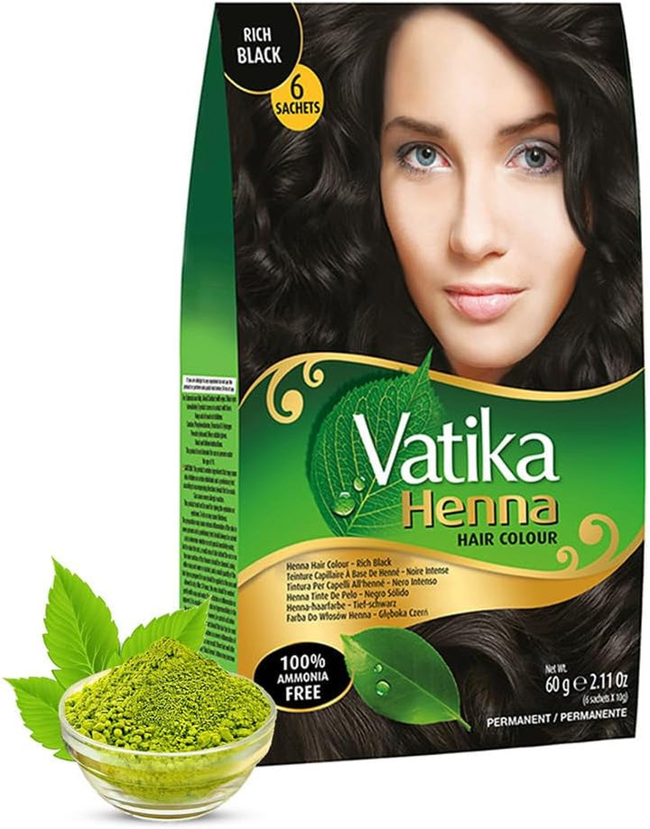 Henna Rich Black Hair Colour - 60G (6 X 10G Sachets), 100% Ammonia Free, for Vibrant Color, Shine, & Coverage (Packaging May Vary)