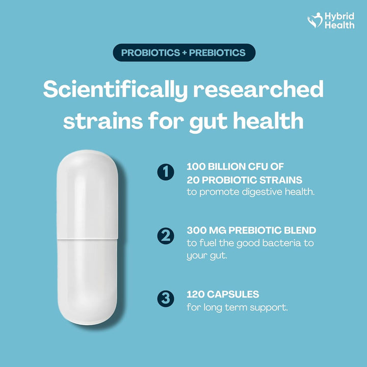 Probiotics & Prebiotics Complex | 120 Vegan Capsules | 100 Billion CFU | Advanced Strength Probiotics with 20 Diverse Strains | Pre & Probiotic for Women and Men