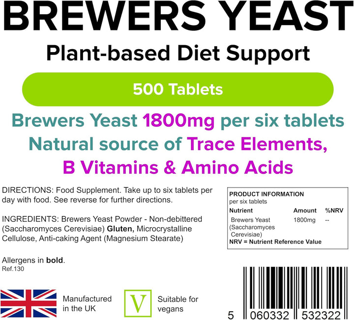 - Brewers Yeast - 1800Mg Daily Intake - 500 Vegan Tablets - UK Made - Natural Vitamins & Micronutrients and Non-Debittered for Maximum Nutrition | B Vitamins, Amino Acids, Minerals