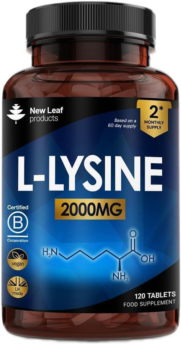 L-Lysine Tablets 2000Mg - High Strength Lysine Nutritional Supplements - Essential Amino Acid L Lysine - 120 Vegan Lysine Tablets 2 Month Supply Made in the UK by New Leaf