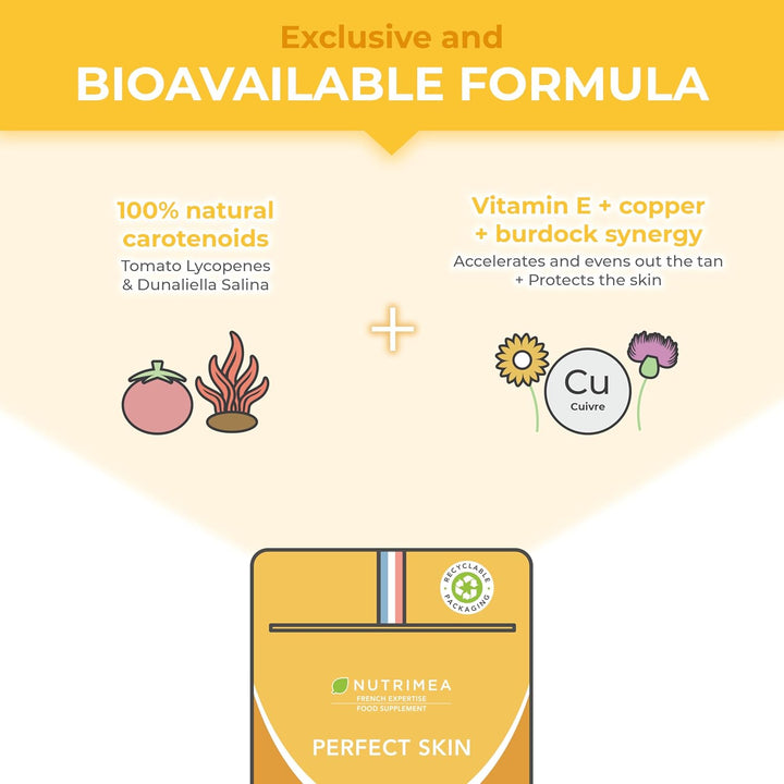 PERFECT SKIN - Tanning Accelerator Tablets - Natural Sun Protector - Bronzed Glow - 60 Vegan Capsules - Beta Carotene and Burdock - French Expertise - Nutrimea