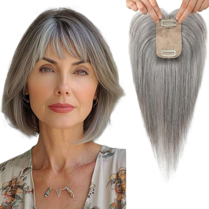 Real Human Hair Toppers for Women, 10 Inch Clip in Bangs 100％ Human Hair Toppers for Thinning Hair, Cover Hair Pieces with 150% Density Silk Base-Silver White