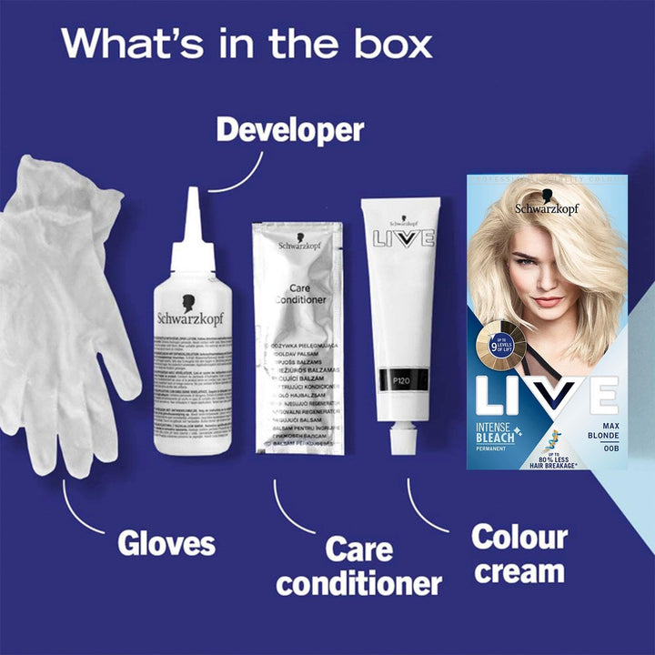 Schwarzkopf  Intense Lightener, Permanent Blonde Bleach Hair Dye, with Brigtening Oil Booster, Lifts Hair up to 9 Levels - Max Blonde 00B