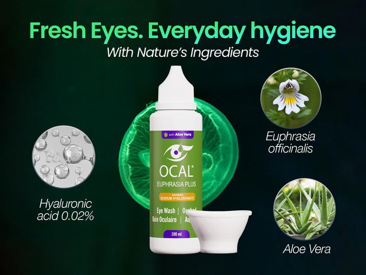 Euphrasia plus Eye Wash – 100Ml | with Aloe Vera & Sodium Hyaluronate | for Red, Tired, Gritty Eyes | Includes Eye Cup | Ph 7.2 Buffered | Gentle Daily Cleanse