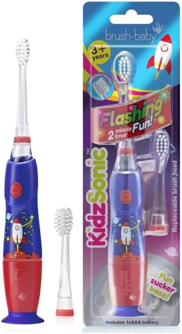 - Rocket Kidzsonic Kids Electric Toothbrush, 3+ Years - Deepclean Bristles, Suction Base - Fun Design with Flashing Disco Lights - 2 X Replacement Heads & 1 X AAA Battery