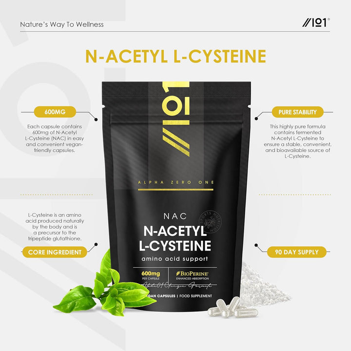 N-Acetyl L-Cysteine 600Mg with Bioperine® – 90 Vegan Capsules – Vegan Fermented Amino Acid – Resealable and Recyclable Pouch by