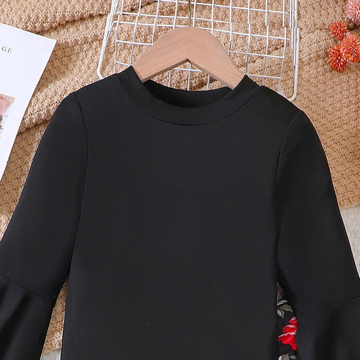 Toddler Girls Long Sleeve Black Tops and Floral Print Pants 2PCS Outfits Clothes Set for Children Kids