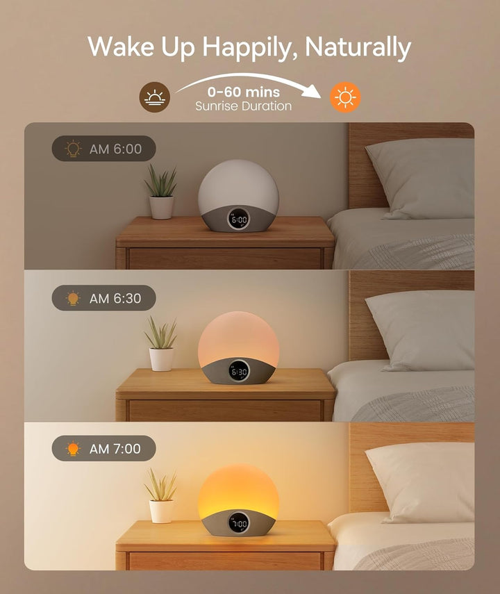 Sunrise Alarm Clock Wake up Light, Sound Machine with 30 Soothing Sounds, Digital Alarm Clock, 8-Colour Night Light for Sleep, Night Feeds & Reading, Dimmable Bedside Lamp for Bedroom & Gift