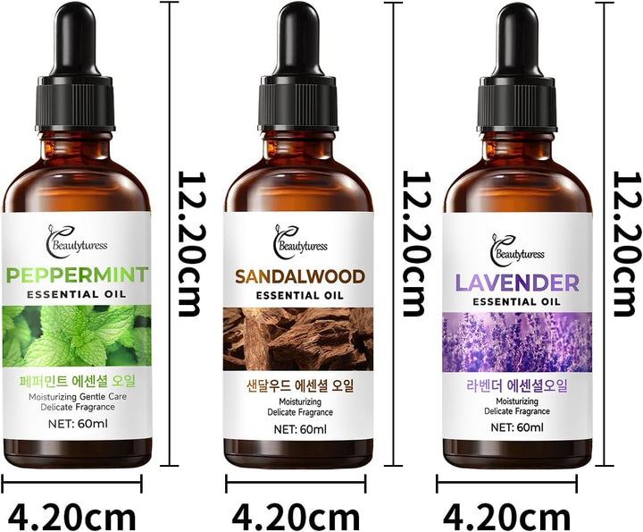Pure Therapeutic Essential Oil Set - Lavender, Mint & Sandalwood,Aromatherapy Oils for Relaxation, Sleep&Stress Relief,Vegan Friendly, Gift for Massage & Diffuser Use,3X60Ml