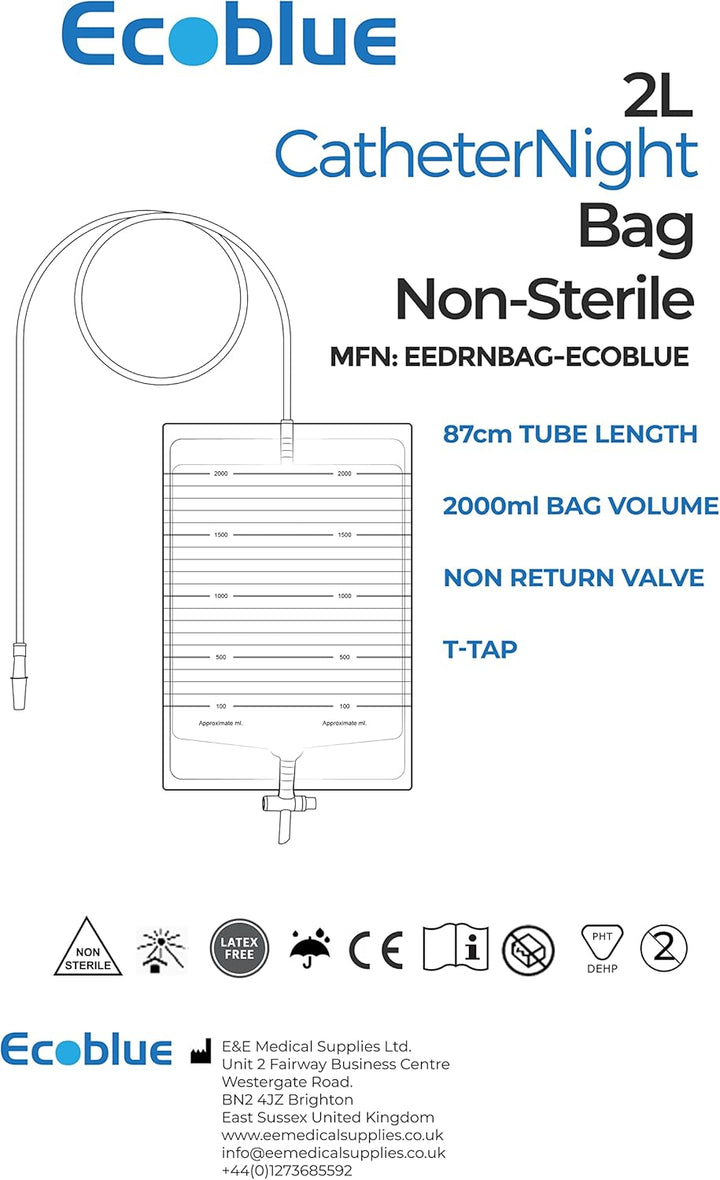 10 Pcs Pack - ECOBLUE Urine Drainage Bags 2000Ml Capacity – Non Sterile Night Bags with T-Tap Valve and 85Cm Tube - 10-Pack Drainable Urinary Bags - Non-Latex Catheter Night Bag