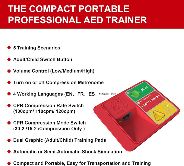 Defibrillator Trainer, -120N AED Training Set CPR Trainer Device, English, French, Spanish, Brazilian Portuguese Voice Prompts, 5 Scenarios First Aid Training Kit for Defibrillator Trainee Beginner