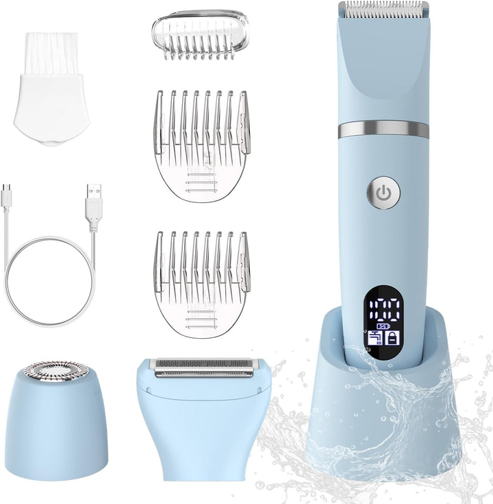 3-In-1 Electric Razor IPX7 Waterproof Bikini Trimmer Wet & Dry Use Painless Personal Trimmer Groomer for Ladies Face Body Legs Bikini Public Hairs Electric Lady Shaver with Replaceable Heads