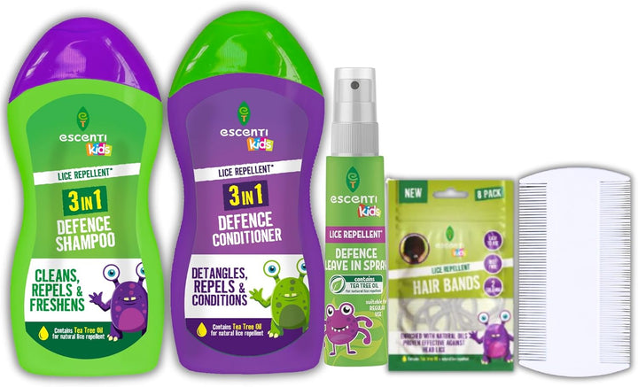 Escenti Kids Head Lice Prevention Bundle: Head Lice Shampoo, Tea Tree Conditioner, Leave-In Nit Repellent Spray for Kids with Tea Tree, Lice Bands 8Pk & Nits Comb - Complete Lice Treatment Kit by GBH