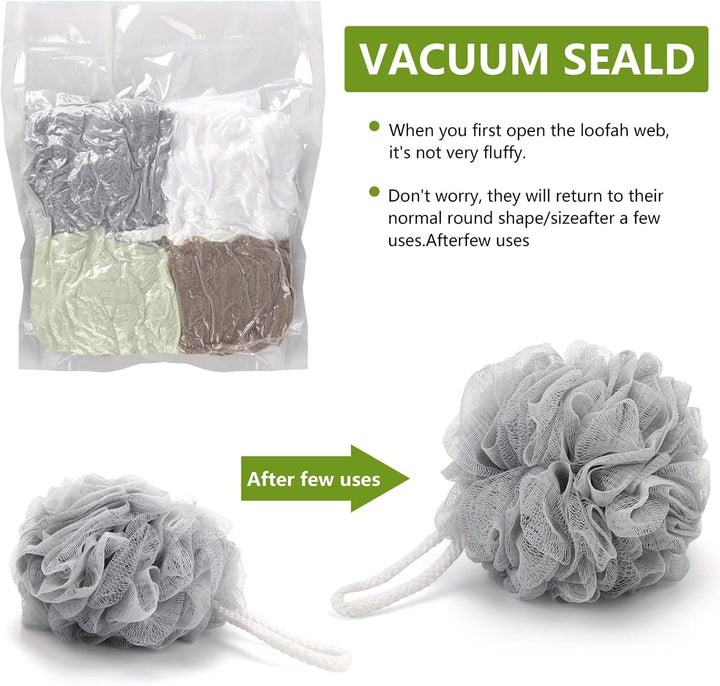 4 Pack Mesh Pouf Bath Sponge - Mesh Loofah Body Exfoliating Shower Ball Shower Sponge