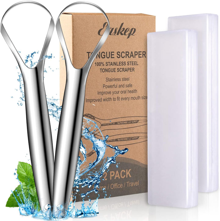 Tongue Scraper (2 Pack), Wide-Head Tongue Cleaner with Nice Carrying Box,  100% Stainless Steel Tongue Scrapers Cleaners, for Men, Women, Adults, Kids, Silver