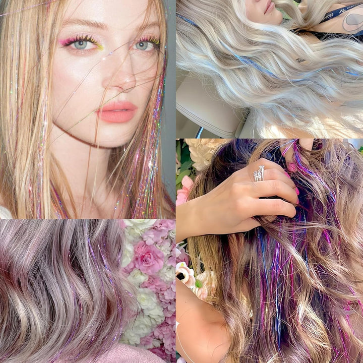 Hair Tinsel,18 Colors Hair Tinsel Kit for Girls 7600 Strands Fairy Tinsel Hair Extensions Holographic Hair Tinsel Heat Resistant Colored Hair Glitter Christmas Party Festival