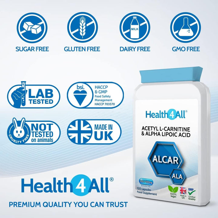 Acetyl L-Carnitine 250Mg & Alpha Lipoic Acid 200Mg 120 Capsules, Vegan ALCAR & ALA Supplement for Brain Health, Memory, Focus and Mental Clarity | Made in UK