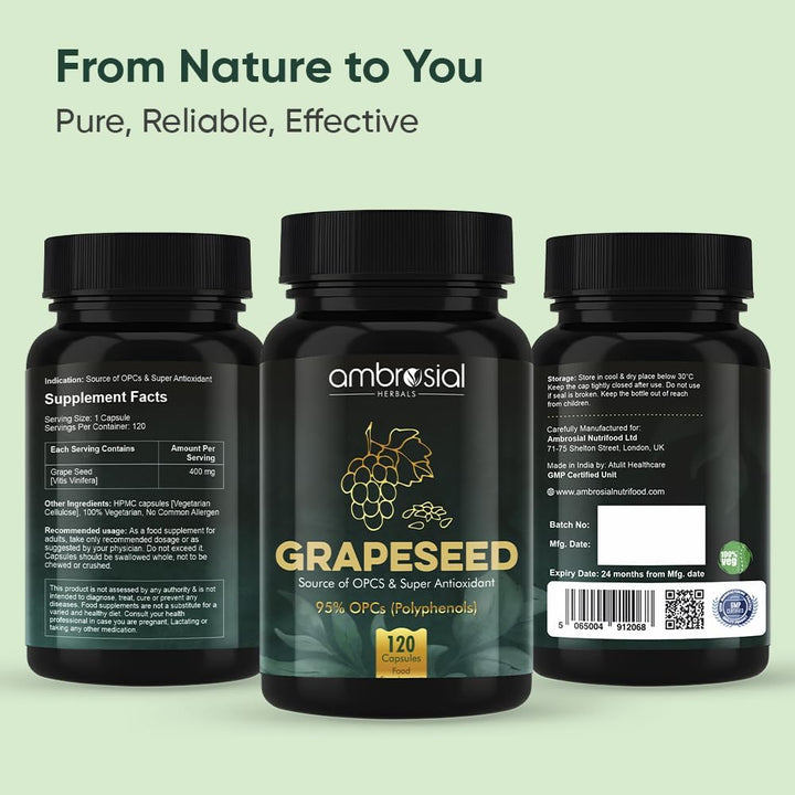 Grape Seed Extract Capsules 400 Mg– 95% OPC Polyphenols – (4 Months Supply) - Premium Antioxidant Support – Vegan, Non-Gmo, Gluten-Free – GMP Certified – 120 Capsules