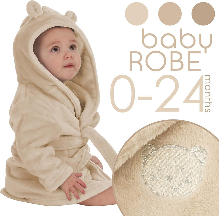 Baby Girls Boys Unisex Hooded Robe with Embroidered Teddy Bear and 3D Ears Size 0-24 Months