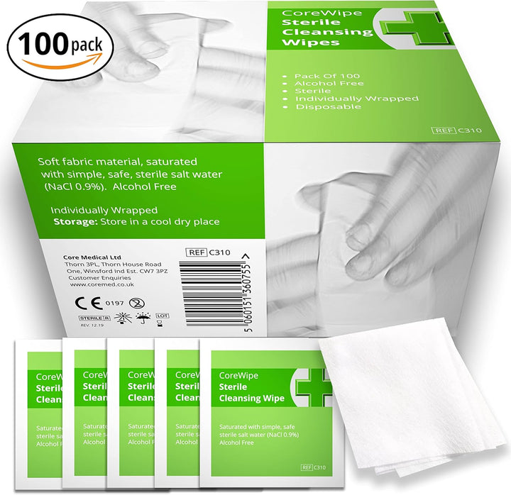 Soft Moist Cleansing Wipes STERILE and ALCOHOL FREE. Pack of 100X by . for Non-Sting Cleaning of Wounds and Scrapes at Home, Walking, Camping and First Aid Kit Refills.