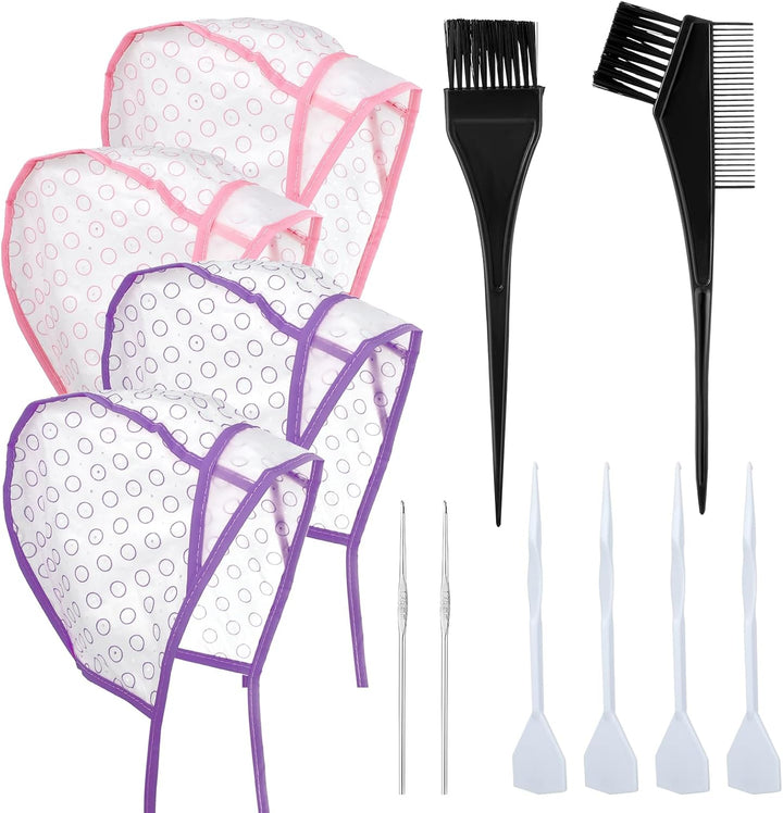 12 Pcs 4 Sets of Highlight Cap with Hooks, Hair Highlighting Caps, Highlight Hair Coloring Frosting Dye Kit for Salon Hair Dyeing Hairdressing (Purple+Pink)