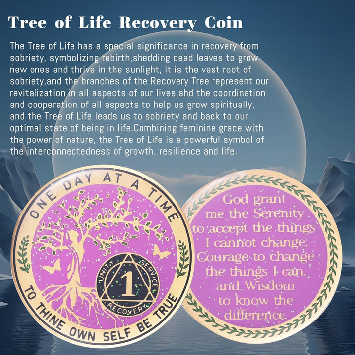 One Year Sobriety Coin AA Chips and Medallions Sobriety Coin for Women Tree of Life Recovery Coins Anniversary Token Sobriety Gifts Alcoholics Anonymous Gift - to Thine Own Self Be True