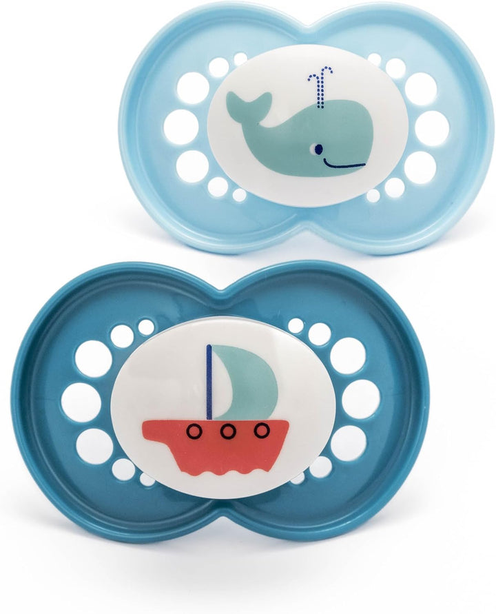Original Soothers | 16 plus Months | Pack of 2 | Comes in Dummy Steriliser Box | Sustainable Materials | Baby Accessories | Blue (Various Designs)