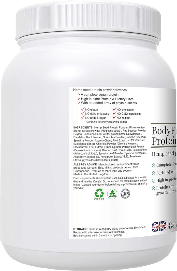 Bodyfuel Hemp Protein Powder plus 14 Superfoods & Phytonutrients – Spirulina, Chlorella, Acai Berry, Alfalfa - Non-Gmo Vegan Plant Protein Powder 500G