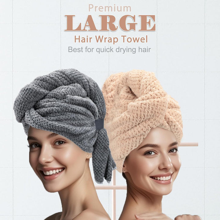 2-Pack Large Microfibre Hair Towel Wrap 86 X 26 Cm, Thicken Super Absorbent Hair Turbans for Wet Hair, Anti-Frizz Hair Drying Towel with Elastic Band for Women Long Thick Curly Plopping Hair