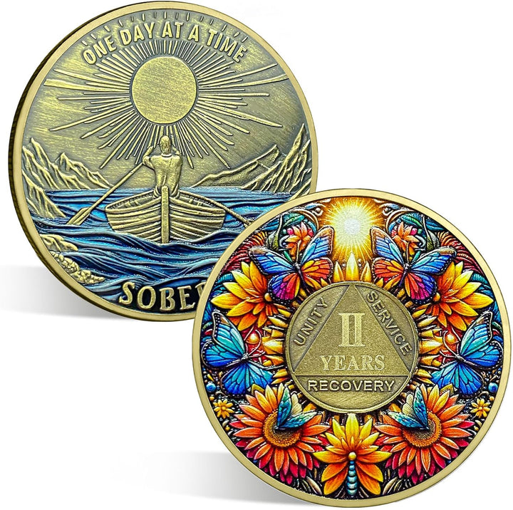 Sobriety Coin, 5 Year Sunflower Butterfly Sobriety Chip AA Coin and Medallions One Day at a Time Sober Token Narcotics Alcoholics Anonymous Recovery Gifts