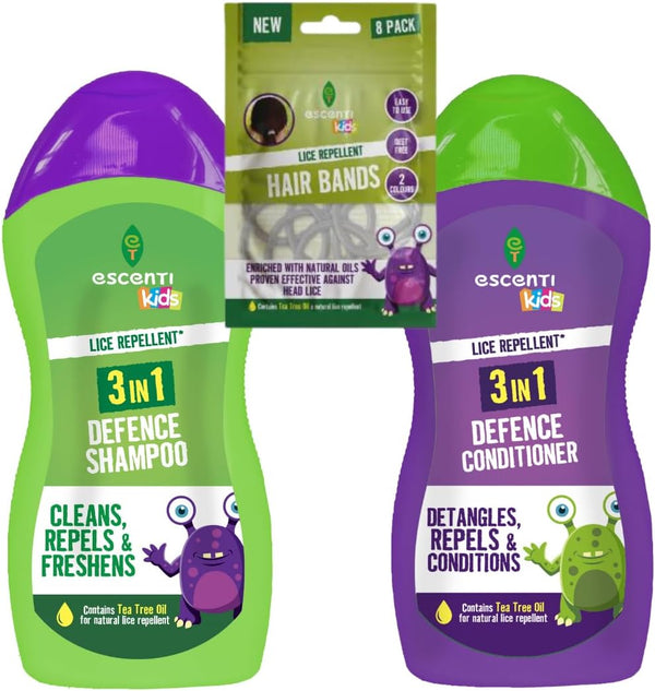 3 in 1 Head Lice Repellent Kids Shampoo & Conditioner with 8 Lice Repellent Hair Bands Included | Head Lice Repellent Defence Treatment | Contains Tea Tree for a Natural Repellent