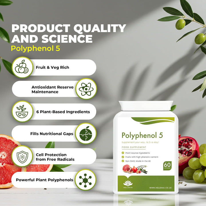 Polyphenol 5 - Pure 5-A-Day Fruit & Veg Dietary Antioxidants & Poluphenols | 60 Capsules - High Strength Polyphenol Supplement | Vegan | GMP Certified Product - Made in the UK by