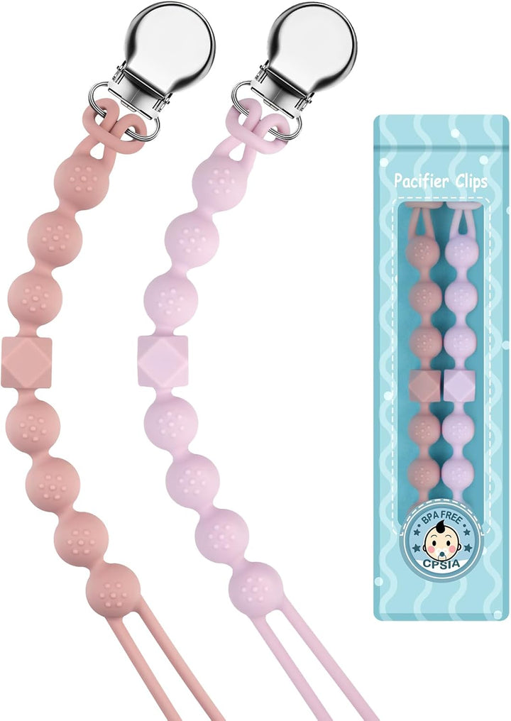 Dummy Clips Boys Girls Silicone Soother Pacifier Chain Flexible Binky Holder Set with Texture for Teething Baby Unisex Newborn Dummies 1-Piece Design(Quartz Pink)