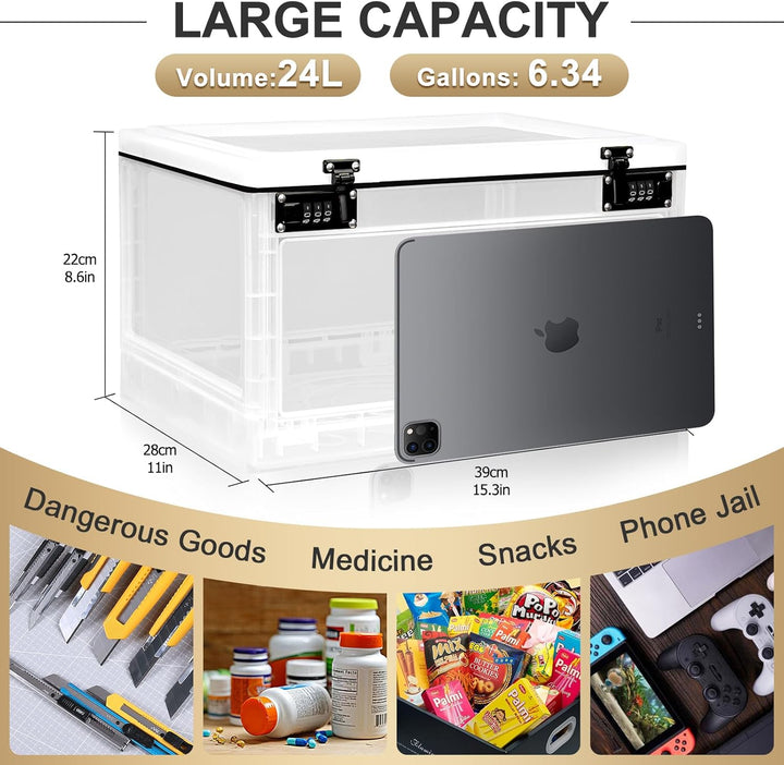 Large Lockable Storage Box, 24 Litre Combination Lock Box for Personal Items/Office Locker/School/Medicine/Snacks/Phone Jail/Electronic/Home