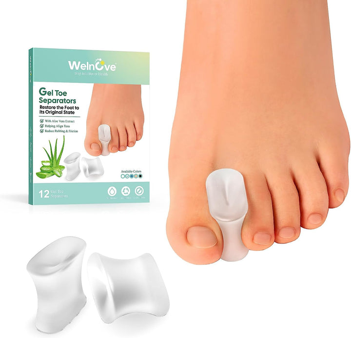 Gel Toe Separators and Bunion Toe Spacers - 12 Pack Toe Spacers with Aloe Vera Extract Infused - Silicone Bunion Corrector for Curled Toes and Overlapping Toes, Calluse