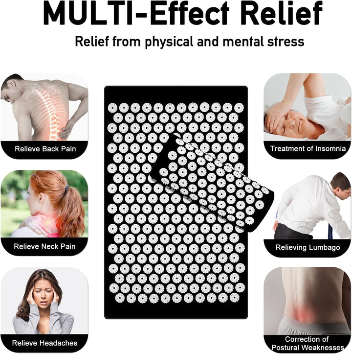 Acupressure Mat, Acupuncture Mat, Massage Mat and Pillow Set, Relieving Neck and Back Pain, Muscle Relaxation and Stress Reduction, Sciatica Relief, Suitable for Men and Women, Carry a Handbag, Black