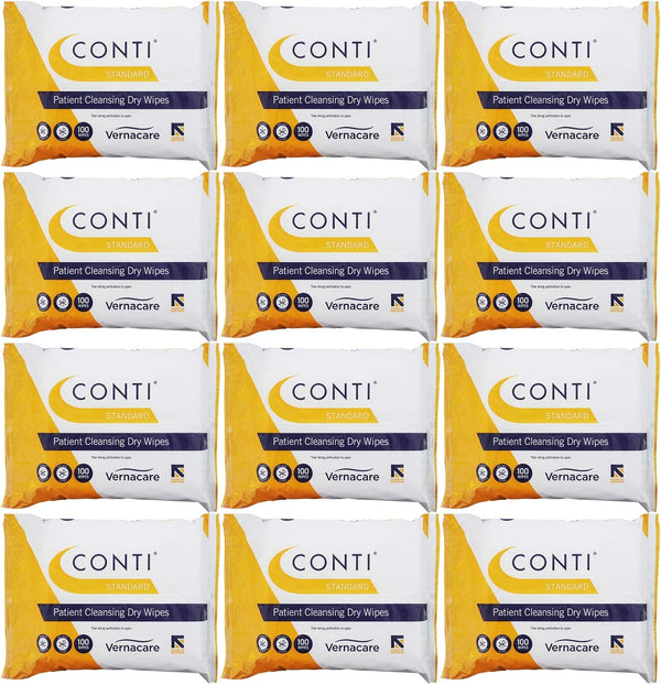Conti Standard - Patient Cleansing Dry Wipes, Every Day Universal Use Cleaning Cloths, Wipe Size 26Cm X 20Cm, 100 Wipes per Pack - 12 Pack