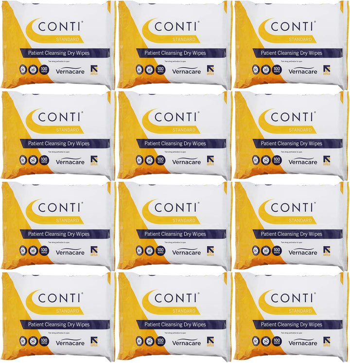 Conti Standard - Patient Cleansing Dry Wipes, Every Day Universal Use Cleaning Cloths, Wipe Size 26Cm X 20Cm, 100 Wipes per Pack - 12 Pack