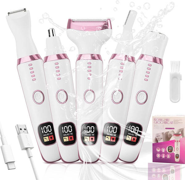 Lady Shaver for Women,Cordless 5 in 1 Electric Shaver for Women, Bikini Trimmer/Pubic Hair/Underarm Razor/Nose/Facial/Eyebrow Remover,Rechargeable Painless Razors Electric for Ladies