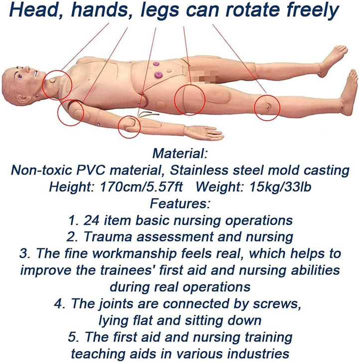 170Cm Life Size Patient Care Manikin Training Cpr Simulator Basic Geri Nursing Skills Geriatric Human Model Mannequin Full Body for Students Education Teaching Medical Training Skills