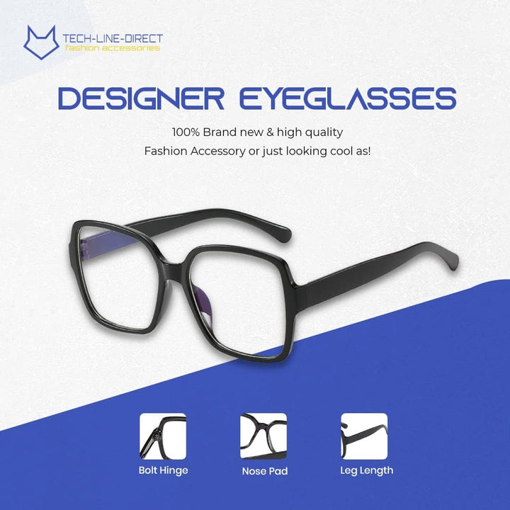 TECH-LINE-DIRECT 2023 Oversize Eyeglasses Unisex Square Glasses - Black Frames Clear Lens