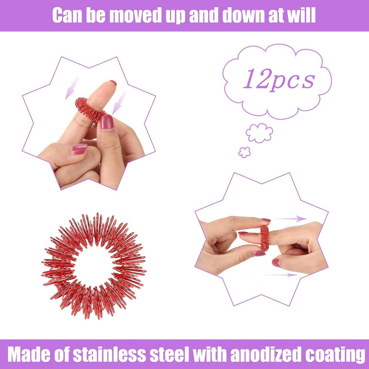 12 Pieces Acupressure Rings-Spiky Sensory Finger Rings Acupuncture Rings Fidget for Silent Stress Reducer and Massager Improves Blood Circulation