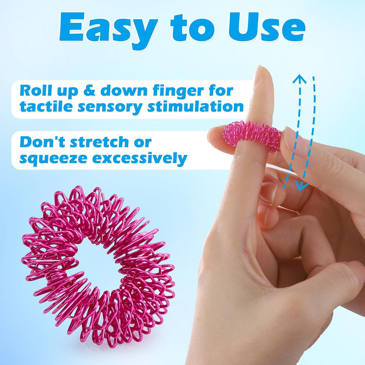 Spring Acupressure Rings, 12PCS 27Mm Spiky Sensory Finger Rings for Anxiety & Stress Relief, Blood Circulation, Versatile Fidget Massager for Adults and Teens 14+ (Multi-Color)