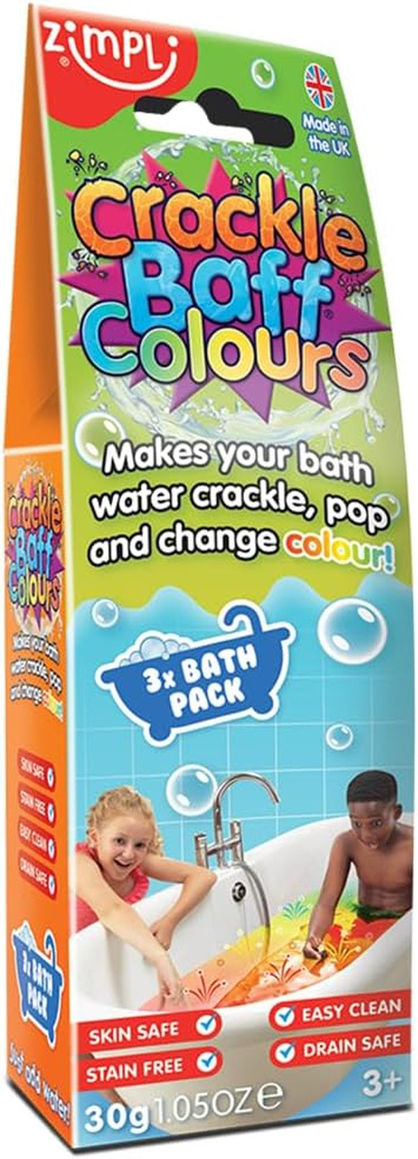 ZIMPLI - Crackle Baff Colours, 3 Bath Pack, Magically Makes Your Water Crackle, Pop & Change Colour, Bath Toy, Pocket Money Stocking Filler Gift, UK Made