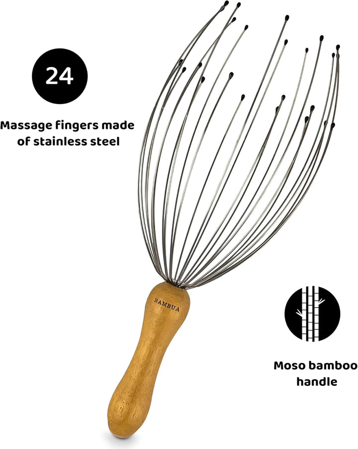 Head Massager Scalp with 24 Fingers - Bamboo Handle - Premium Head Scratcher for Sustainable Relaxation - Scalp Massager for a Pleasant Massage