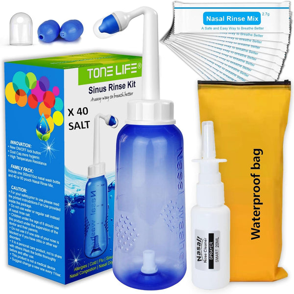 Neti Pot,Sinus Rinse Kit + 40Packets Nasal Salt+ Moisturizing Nasal Sprayer- Neti Pot Sinus Rinse -Sinus Rinse-300Ml Nasal Rinse Kit with Sinus Rinse Sachets Travel Bag for Adult Kids